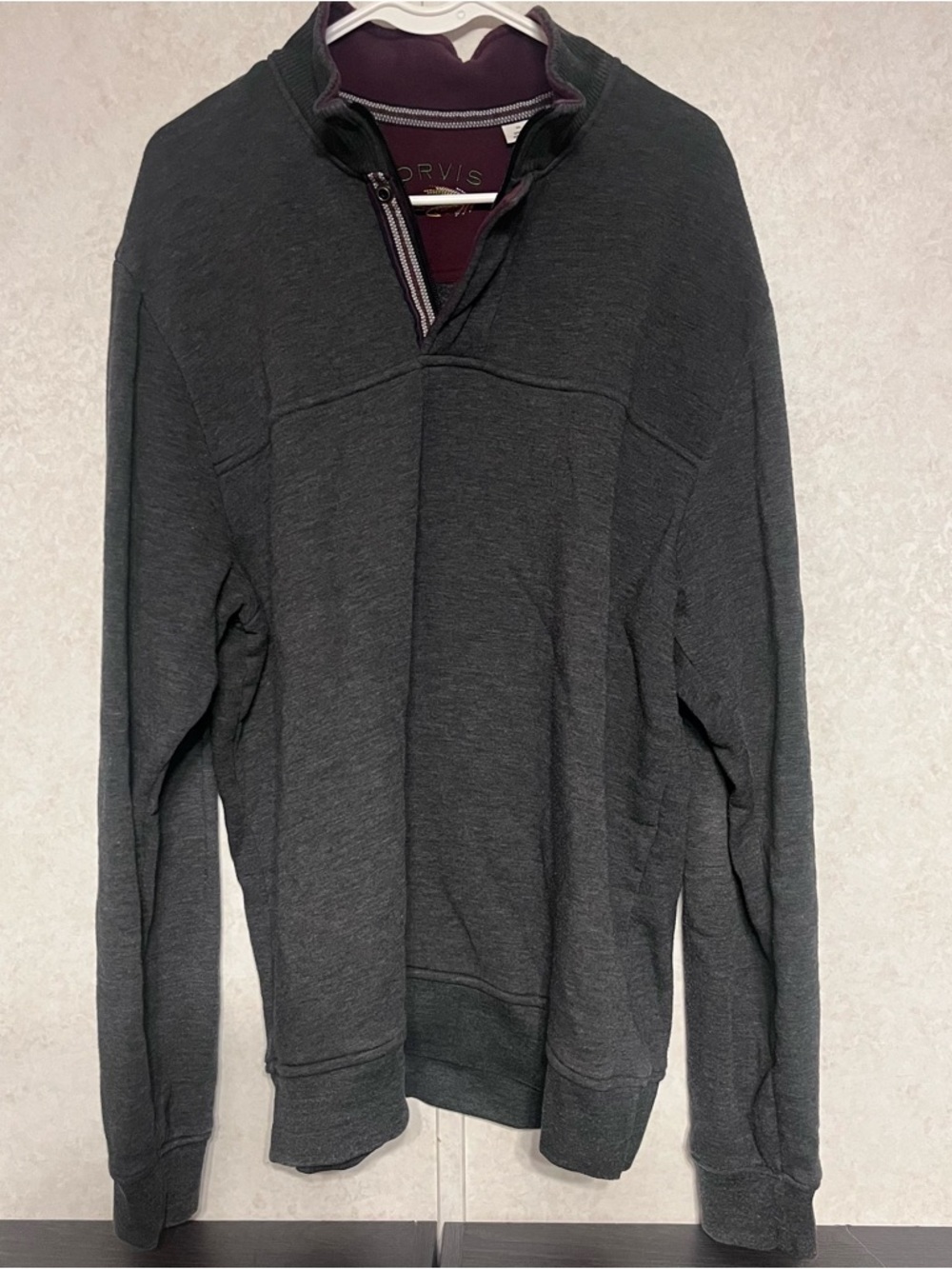 Orvis Charcoal Half-Zip Sweater with Plum‎ Collar Trim